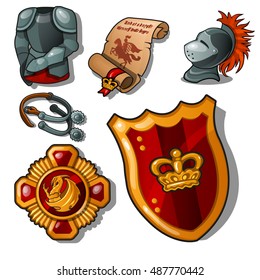 The attributes of a medieval knight isolated on white background. Armor, shield and reward. Vector illustration.