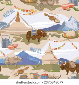 Attributes of Nepalese culture. Seamless pattern. Vector, flat style. Mountains, Buddhist stupa, tea with butter and salt, karangi, vegetarian Nepalese Thali set (Dal Bhat), yak.