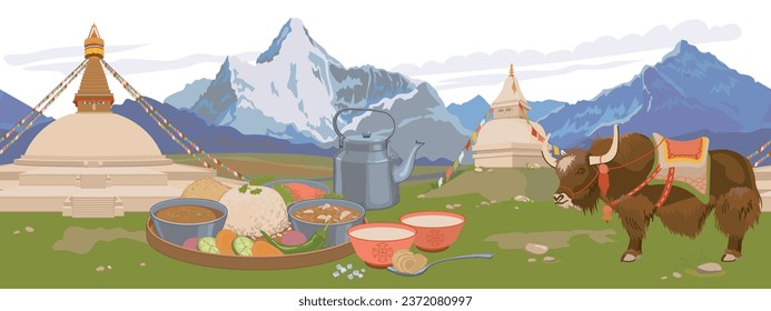 Attributes of Nepalese culture. Vector, flat style. Mountains, Buddhist stupa, tea with butter and salt, karangi, vegetarian Nepalese Thali set (Dal Bhat), yak.