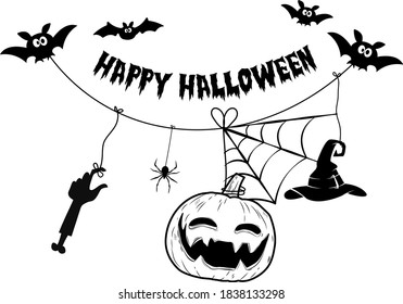 Attributes on a string. Pumpkin, witch hat, zombie hand, spider, bats. Wish "Happy Halloween".