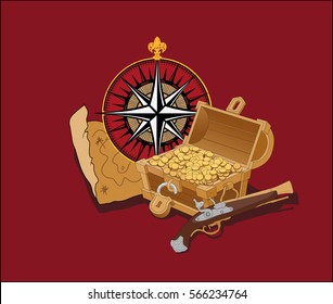 The attributes of a pirate. Vector illustration of vintage gun, the chest of gold and compass