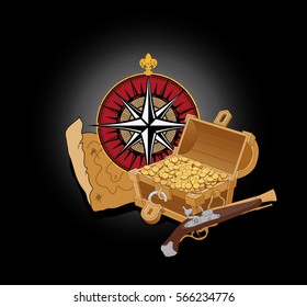 The attributes of a pirate. Vector illustration of vintage gun, the chest of gold and compass