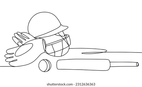 Attributes for playing cricket. Helmet, gloves, bat and ball. Popular sports game. One line drawing for different uses. Vector illustration.