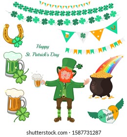 Attributes of St. Patrick's Day isolated on a white background. Vector graphics.