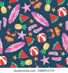 Attributes of summer and beach holiday. Seamless stylish pattern on a summer theme. Watermelon, surfing, swimsuit, beach ball, starfish, pineapple.