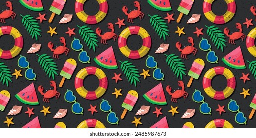 Attributes of summer and beach holiday. Vector pattern of beach accessories. Seamless stylish pattern on a summer theme. Watermelon, ice cream, sunglasses, crab.