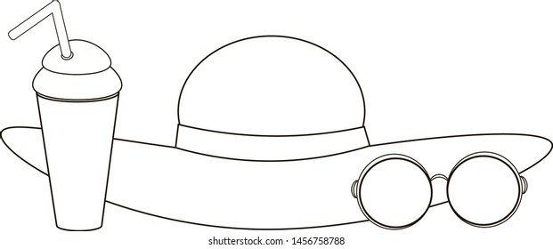 Attributes of summer holidays. Hat, Cocktail, Sunglasses