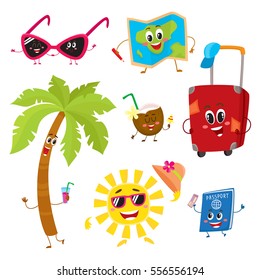 Attributes of summer vacation, travel to tropic countries as funny characters, cartoon vector illustration isolated on white background. Smiling sun, palm, suitcase, sunglasses, map, passport, coconut