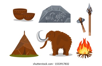 Attributes And Tools of Ancient Prehistoric People Vector Illustrations Isolated On White Background