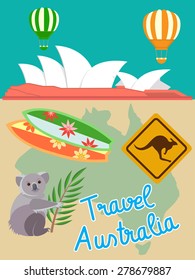 Attributes of Travel in Australia: Koala, Serf, Road Sign Kangaroo. Travels around the world concept.