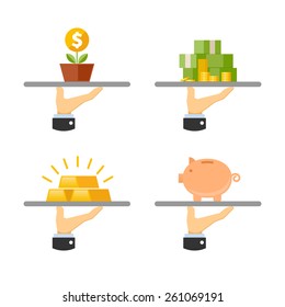 The attributes of wealth on a tray