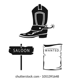 Attributes of the wild west black icons in set collection for design.Texas and America vector symbol stock web illustration.