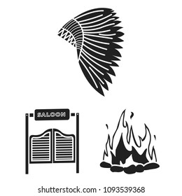 Attributes of the wild west black icons in set collection for design.Texas and America vector symbol stock web illustration.