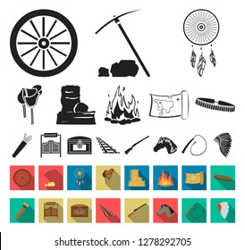 Attributes of the wild west black,flat icons in set collection for design.Texas and America vector symbol stock web illustration.