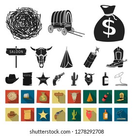 Attributes of the wild west black,flat icons in set collection for design.Texas and America vector symbol stock web illustration.