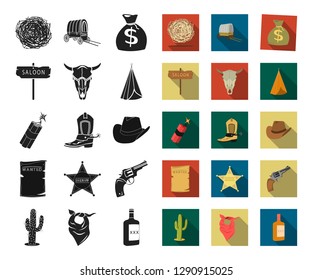 Attributes of the wild west black,flat icons in set collection for design.Texas and America vector symbol stock web illustration.