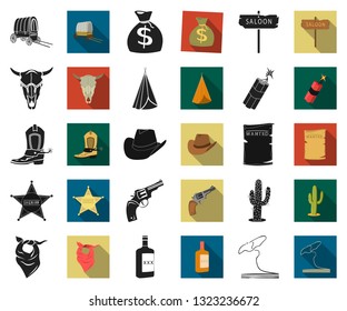 Attributes of the wild west black,flat icons in set collection for design.Texas and America vector symbol stock web illustration.