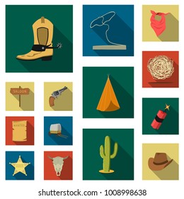 Attributes of the wild west flat icons in set collection for design.Texas and America vector symbol stock web illustration.
