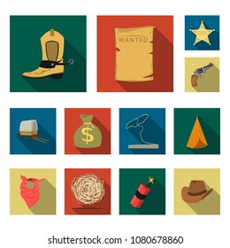 Attributes of the wild west flat icons in set collection for design.Texas and America vector symbol stock web illustration.