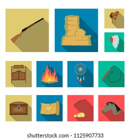 Attributes of the wild west flat icons in set collection for design.Texas and America vector symbol stock web illustration.