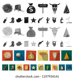 Attributes of the wild west flat icons in set collection for design.Texas and America vector symbol stock web illustration.
