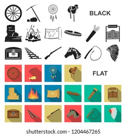 Attributes of the wild west flat icons in set collection for design.Texas and America vector symbol stock web illustration.
