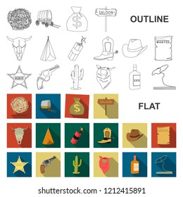 Attributes of the wild west flat icons in set collection for design.Texas and America vector symbol stock web illustration.