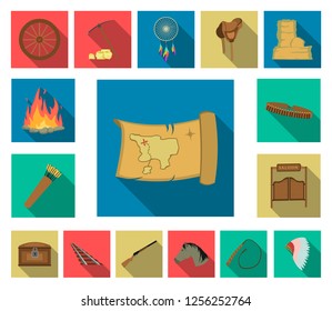 Attributes of the wild west flat icons in set collection for design.Texas and America vector symbol stock web illustration.