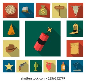 Attributes of the wild west flat icons in set collection for design.Texas and America vector symbol stock web illustration.