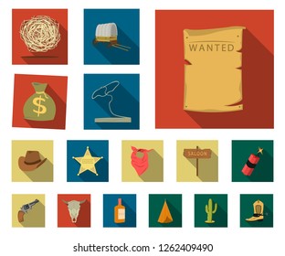 Attributes of the wild west flat icons in set collection for design.Texas and America vector symbol stock web illustration.