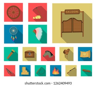 Attributes of the wild west flat icons in set collection for design.Texas and America vector symbol stock web illustration.