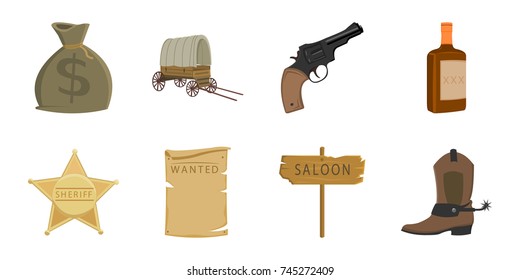 Attributes of the wild west icons in set collection for design. Texas and America vector symbol stock web illustration.