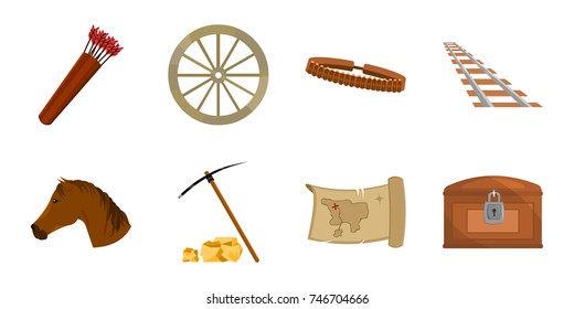 Attributes of the wild west icons in set collection for design. Texas and America vector symbol stock web illustration.