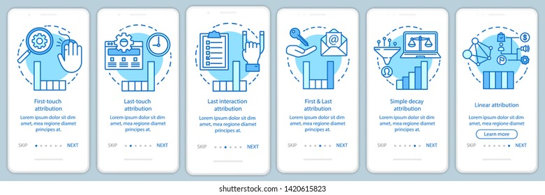 Attribution modeling types blue onboarding mobile app page screen vector template. Diagrams, charts walkthrough website steps with linear illustrations. UX, UI, GUI smartphone interface concept