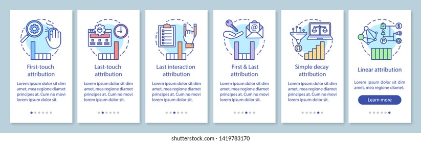 Attribution modeling types onboarding mobile app page screen with linear concepts. Diagrams, charts walkthrough steps graphic instructions. UX, UI, GUI vector template with illustrations