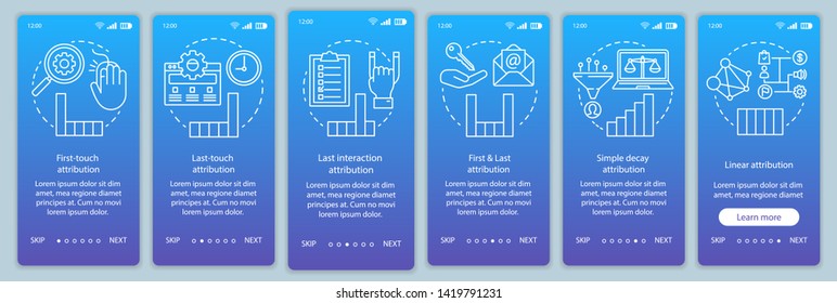 Attribution modeling types onboarding mobile app page screen vector template. Diagrams, charts walkthrough website steps with linear illustrations. UX, UI, GUI smartphone interface concept