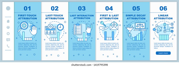Attribution modeling types onboarding mobile web pages vector template. Responsive smartphone website interface idea with linear illustrations. Webpage walkthrough step screens. Color concept 