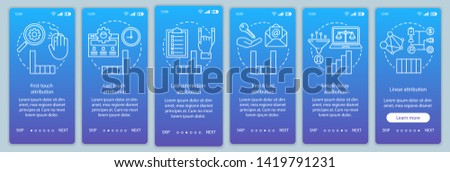 Attribution modeling types onboarding mobile app page screen vector template. Diagrams, charts walkthrough website steps with linear illustrations. UX, UI, GUI smartphone interface concept