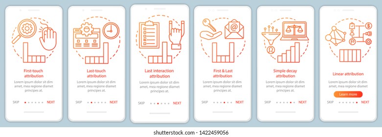 Attribution modeling types orange onboarding mobile app page screen vector template. Diagrams, charts walkthrough website steps with linear illustrations. UX, UI, GUI smartphone interface concept