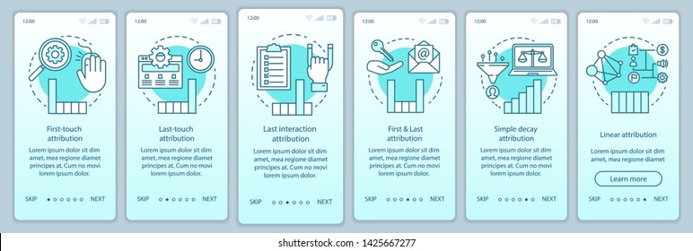 Attribution modeling types turquoise onboarding mobile app page screen vector template. Diagrams, charts walkthrough website steps with linear illustrations. UX, UI, GUI smartphone interface concept