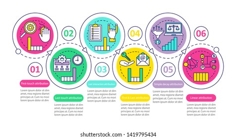 Attribution modeling types vector infographic template. Business presentation design elements. Data visualization with six steps and options. Process timeline chart. Workflow layout with linear icons