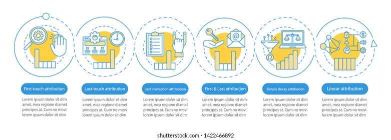 Attribution modeling types vector infographic template. Business presentation design elements. Data visualization with six steps and options. Process timeline chart. Workflow layout with linear icons