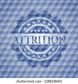 Attrition blue badge with geometric pattern background.