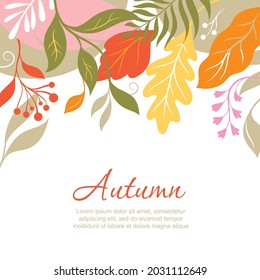 Atumnal leaves, vector illustration. Design with yellow, orange, red autumnal leaves, oak leaves, maple leaves, autumn themes. Place for your text. Botanical illustration	
