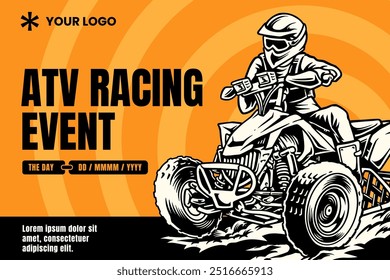 ATV, all terrain vehicle, off road 4x4 quad racing event competition with orange background poster banner modern design template for extreme sport and adventure 