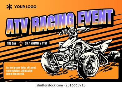 ATV, all terrain vehicle, off road 4x4 quad racing event competition with orange and purple background poster banner modern design template for extreme sport and adventure 