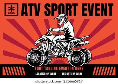 ATV, all terrain vehicle, off road 4x4 quad racing event competition with orange red background poster banner modern design template for extreme sport and adventure 