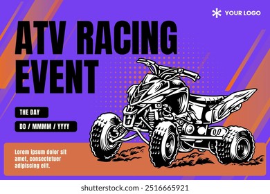 ATV, all terrain vehicle, off road 4x4 quad racing event competition with orange purple background poster banner modern design template for extreme sport and adventure 