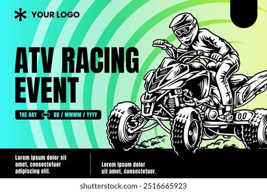 ATV, all terrain vehicle, off road 4x4 quad racing event competition with blue green background poster banner modern design template for extreme sport and adventure 