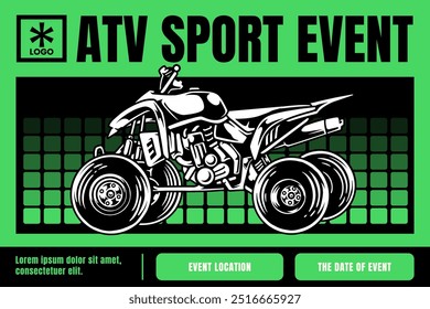 ATV, all terrain vehicle, off road 4x4 quad racing event competition with green background poster banner modern design template for extreme sport and adventure 